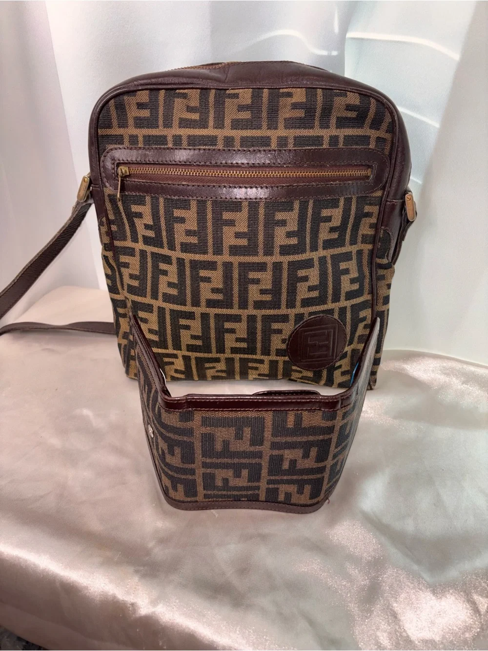 Fendi Brown FF Logo Messenger Bag with Matching Wallet